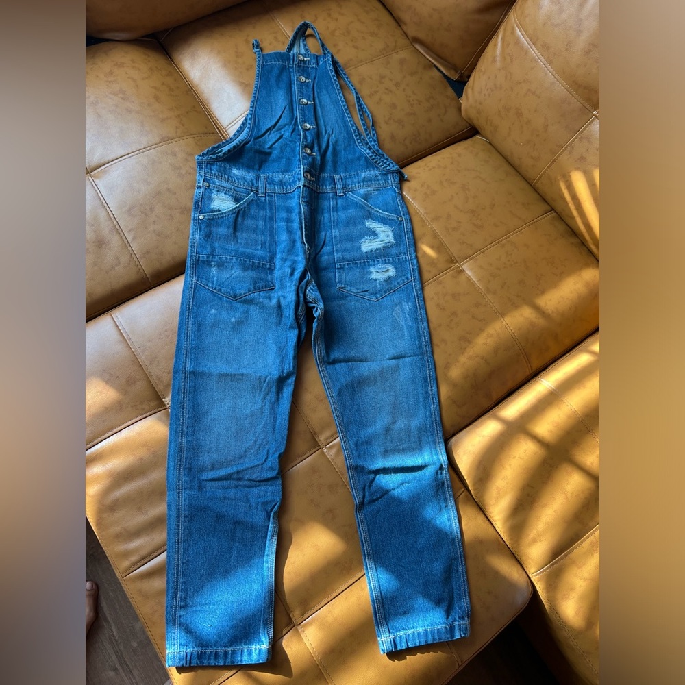 Beautiful Straight leg Blue Denim Overalls Distressed Like New - Picture 3 of 7